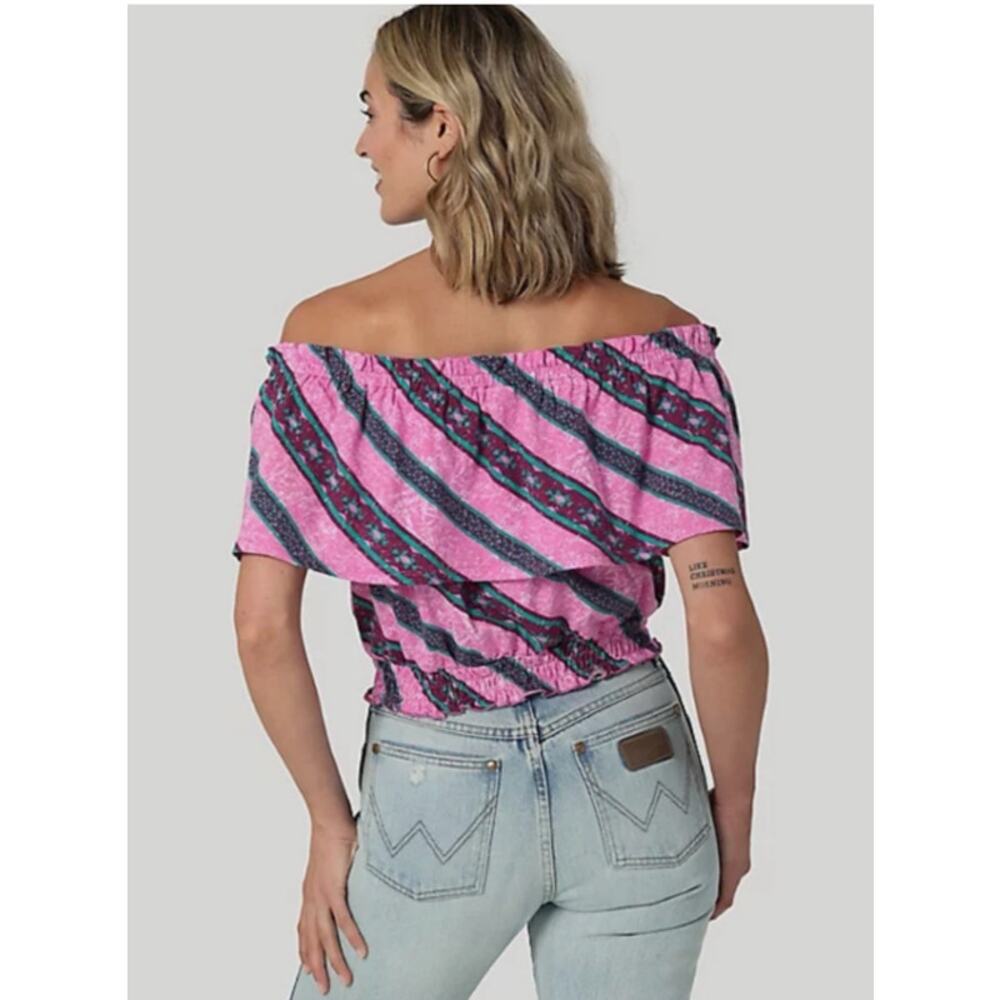 Wrangler L Retro Off the Shoulder Short Sleeve Ruffle Crop Elastic Waist Blouse